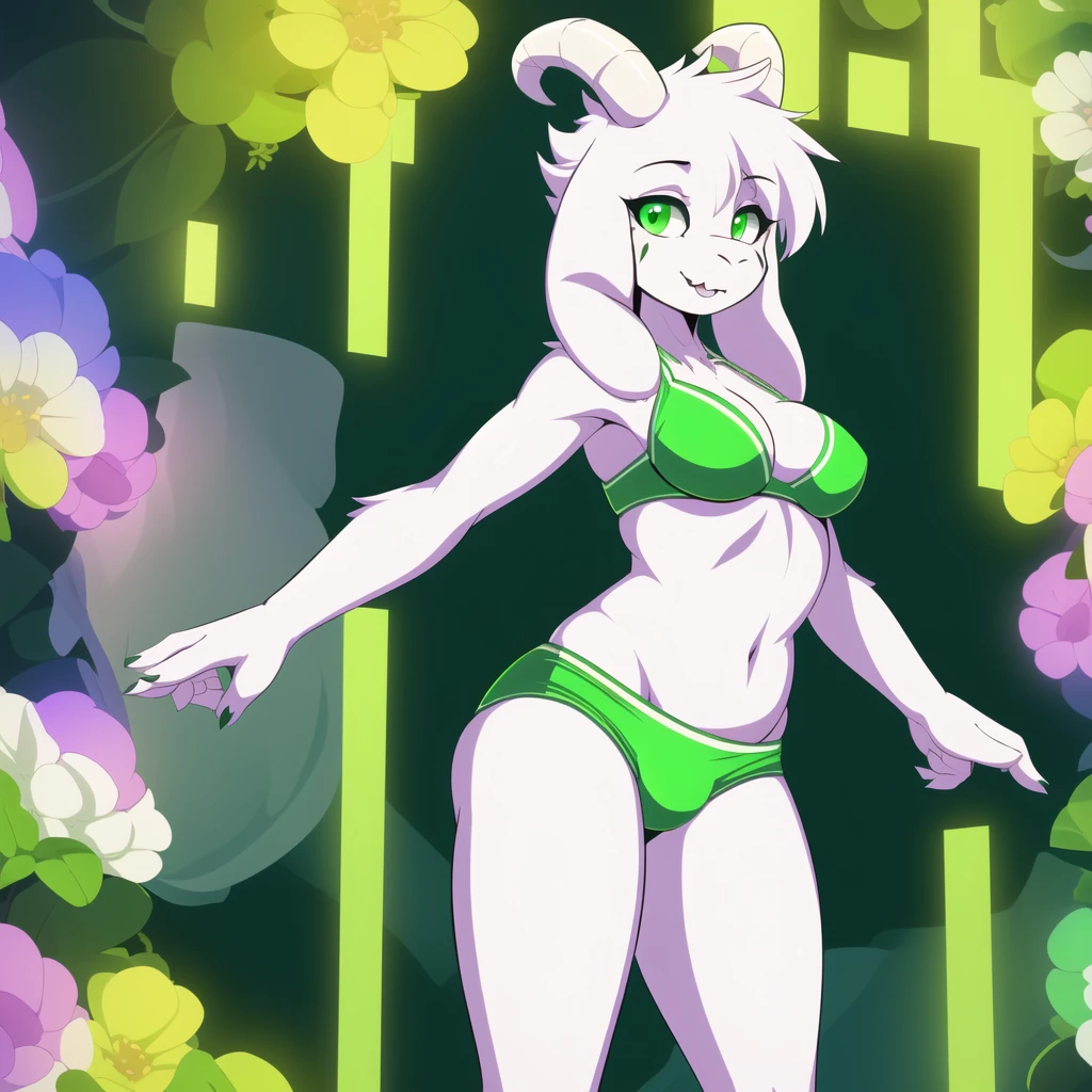 (best quality, masterpiece:1), furry female anthro asriel goat girl, solo, standing pose, female sexy body, medium breasts, (green bikini:1.1), white goat horns, (green underwear:1.2), green eyes, smile, looking at viewer, (abstract background:1.0), 