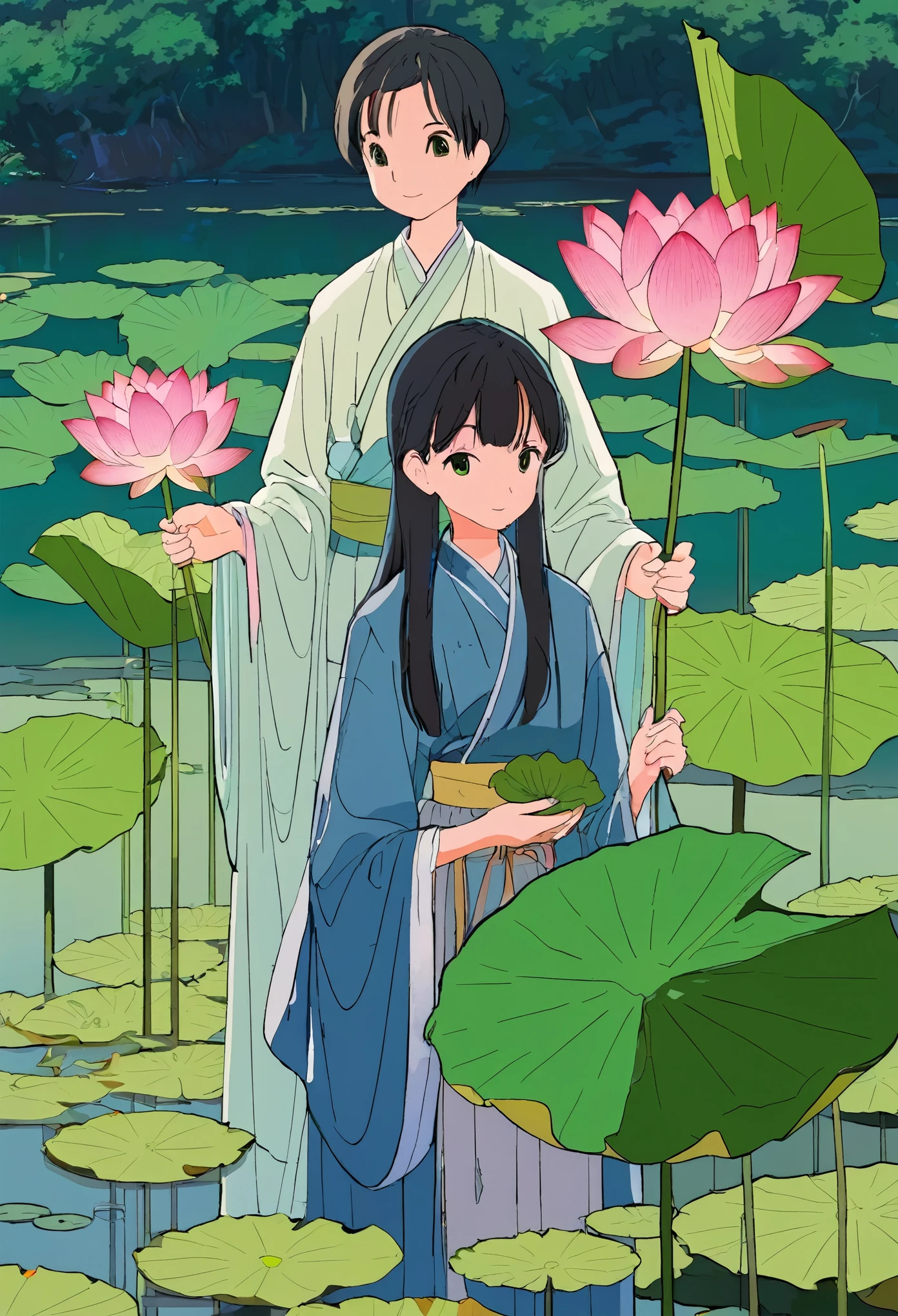 A girl holding a lotus and a boy holding a lotus leaf