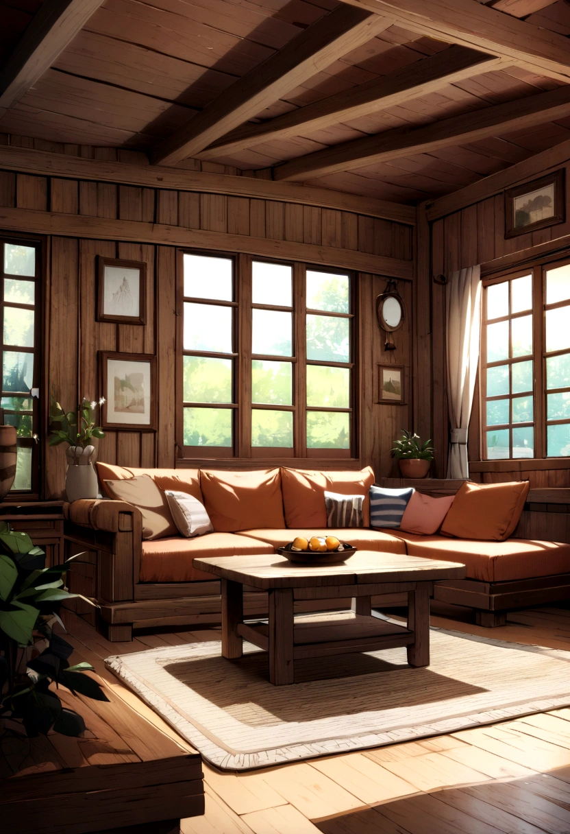 Sofa, large windows, high ceilings、 log house style　Interior　tv set、 Flooring,table