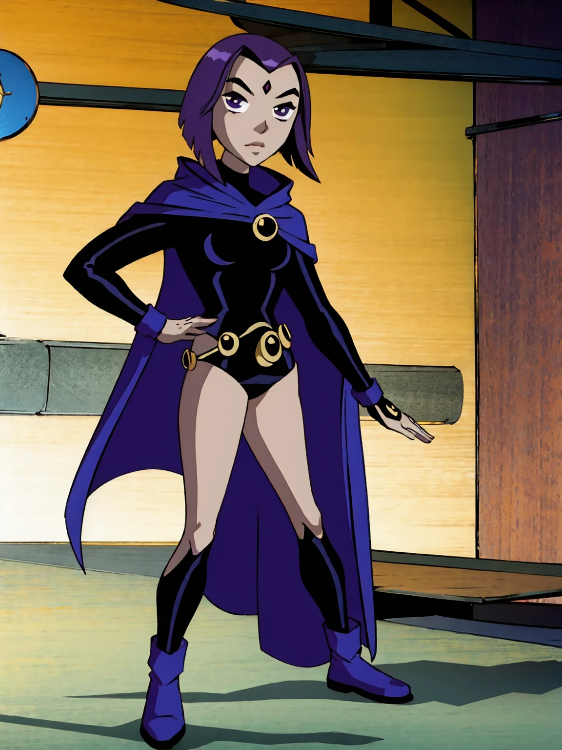 raventt, 1girl, solo, grey skin, cape, purple hair, purple eyes, forehead jewel, short hair, leotard, looking at viewer, belt,boots