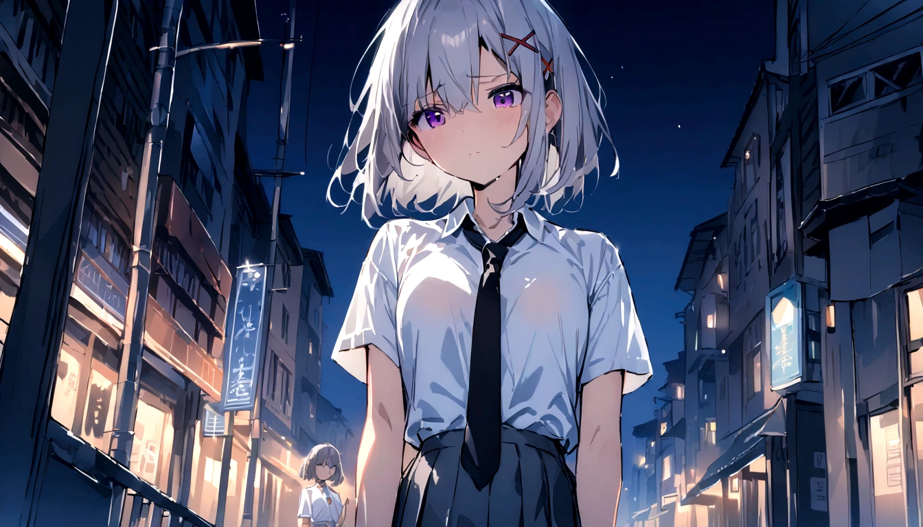 short hair, (Gray Hair:1.2), X Hair Ornament, Purple eyes,tie, girl,One person, Collared shirt, White shirt, Short sleeve, Pleated skirt, student, Highest quality, masterpiece, High resolution, summer,night、the way、City、Sadness、