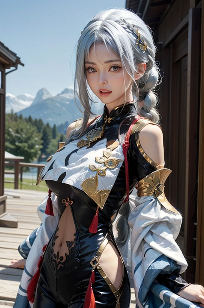 shen_he_(genshin_impact), (hand on breasts), 1girl, (black bodysuit), (hair ornament), white hair, (braid ponytail), black sleeves, breasts curtain, jewelry, hip vent, shoulder cutout, navel, (upper body:0.7), standing, (masterpiece, high quality, best quality), (colorful),(delicate eyes and face), volumatic light, ray tracing, bust shot ,extremely detailed CG unity 8k wallpaper,solo,outdoors,
Swiss Alps Majesty, Alpine Lakes , black and white hair, black and white, detailed clothes and large breasts