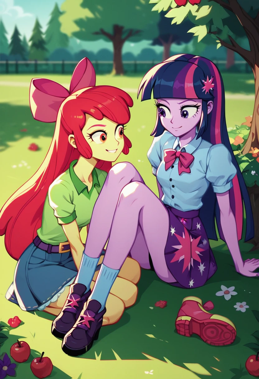 Twilight Sparkle is facesing on Apple Bloom While they're both naked, Twilight Sparkle and Apple Bloom Equestria Girls, two girls, at the park, Twilight Sparkle and Apple Bloom, cuerpo completo, high resolusion