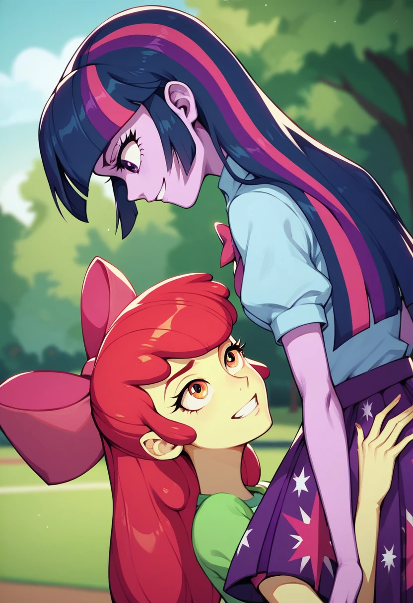 Twilight Sparkle is facesing on Apple Bloom While they're both naked, Twilight Sparkle and Apple Bloom Equestria Girls, two girls, at the park, Twilight Sparkle and Apple Bloom, cuerpo completo, high resolusion