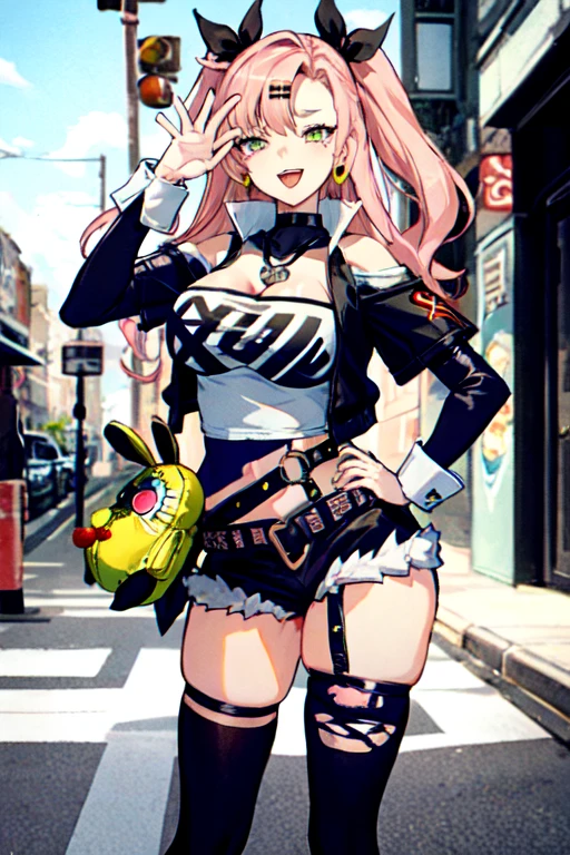 1girl in, Nicole Demara, Tube Top, single thighhigh, Short shorts, Cropped jacket, Hair Ribbon, hair clips, earrings, Belt bag, Detached sleeves, doll, Black collar,  Standing, smug, Open mouth, Looking at Viewer, put hands on the hip, Outdoors, Street,  masutepiece