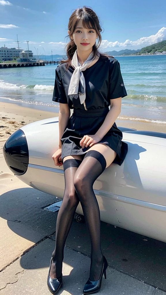 (Sunny day、Blue skies and calm seas、A very beautiful sandy beach:1.2)、(Highest quality、high resolution、High definition、High resolution、masterpiece:1.1)、One Woman、23 year old Japanese woman、stewardess、Cabin Crew、Cabin attendant、((Full body photo、Walking on the beach))、Set hairstyle、Black Hair、Simple earrings and necklace、Natural Makeup、Detailed face、Detailed eyes、Beautiful eyes、A ruddy complexion、With a refreshing smile、Gaze Here、Direct your gaze this way、(Airline Uniforms、stewardessの制服、Black pumps、skirt、Black thin stockings、Pantyhose、Neck scarf、Slim watches、JAL、Japan Airlines:1.3)、Airlines in Japan、Beautiful woman、Detailed Hair、Glossy lips、Beautiful feet、Natural light、Bright sunlight、Professional photography、RAW Photos、Clear photos、Just the right color balance、Okinawa、Height: 165cm、Perfect proportions