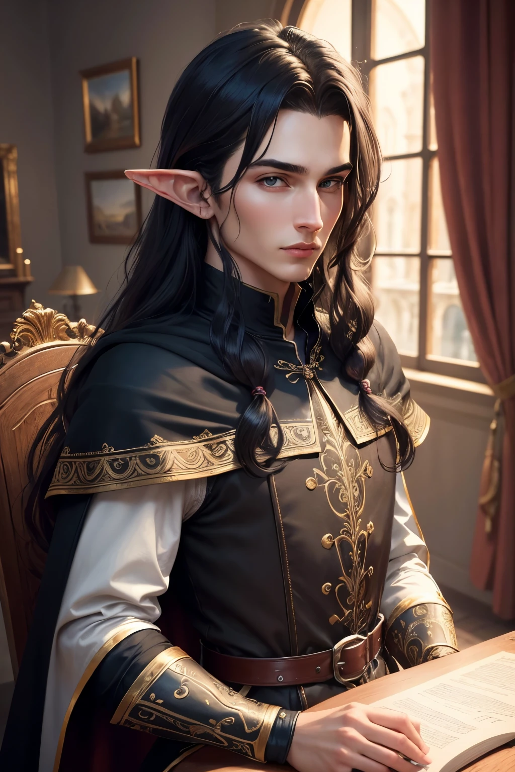 ((best quality)), ((masterpiece)), (detailed), Prize-winning works, with incredible details, maximum textures and details, uhd ,8K,super resolution ,depth of field, retina, masterpiece, anatomically correct, textured skin, super detail, high details, highres ,1 Male Elf Medieval Fantasy RPG Adventurer,long hair ,similar to the work of JRR Tolkien,black long cape ,fully body, hyper-detailed piercing eyes , (25 year old young man :1.1,detailedeyes, face detailed, whole body:1.1,the background is a magnificent castle ),(best qualityer:1.2,ultra detali:1.1,realisitic:1.37) ,eyeshadows,sharp focus,swirly vibrant colors,)