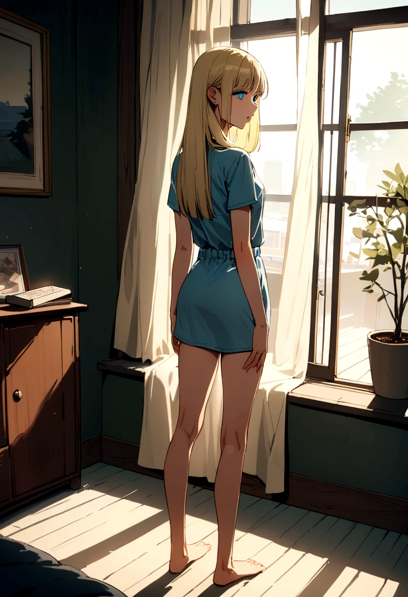 a young woman, 20 years old, blonde, straight hair, blue eyes, hole in the chin, BEAUTIFUL, PERFECT BODY, IN THE ROOM, FULL BODY, FROM THE BACK
