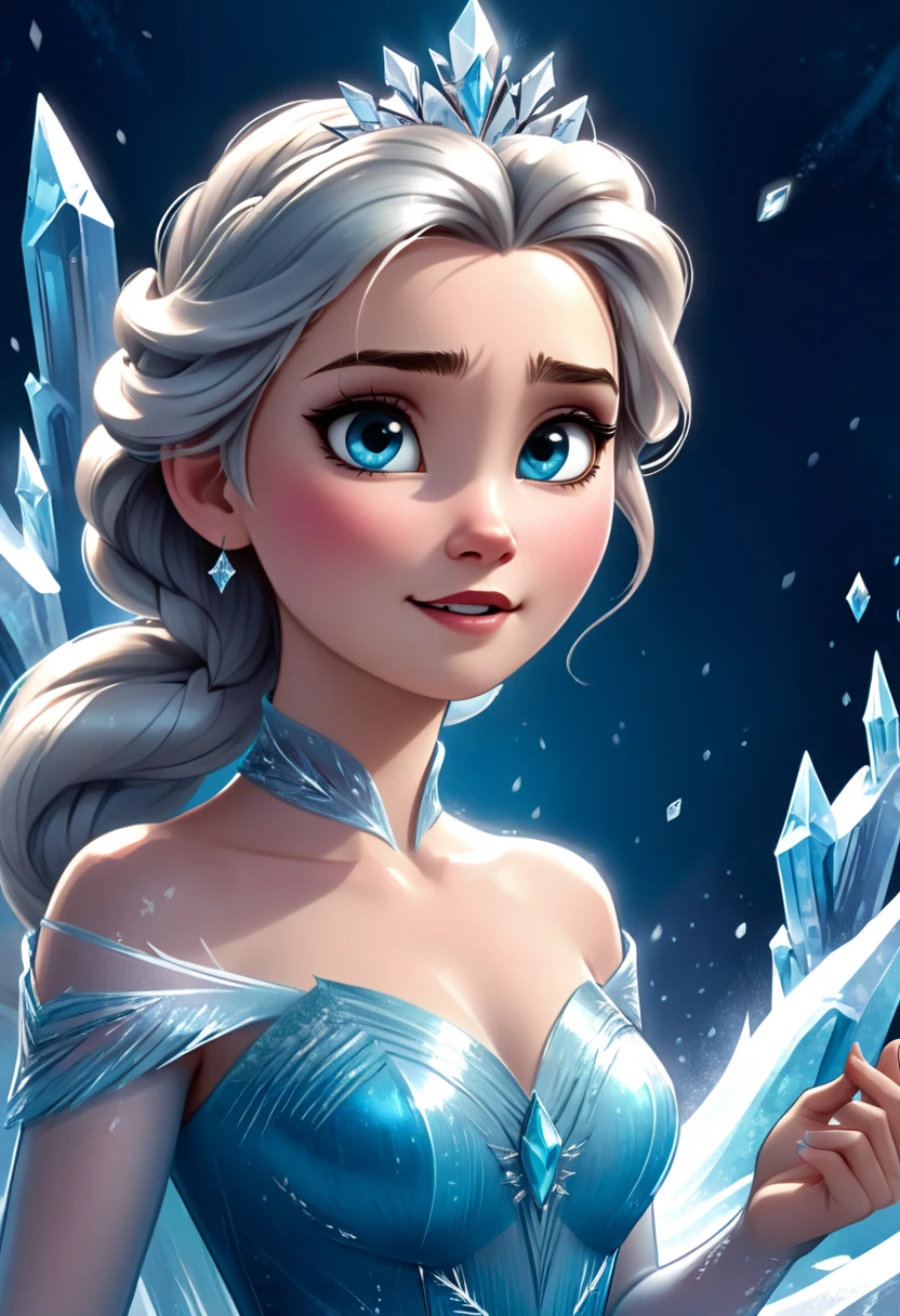 Digital painting of Elsa from Frozen singing 'Let It Go' in her ice palace, with her hands raised and magical ice crystals forming around her, dressed in her shimmering ice-blue gown, with a powerful and emotional expression, cinematic composition, trending on ArtStation.