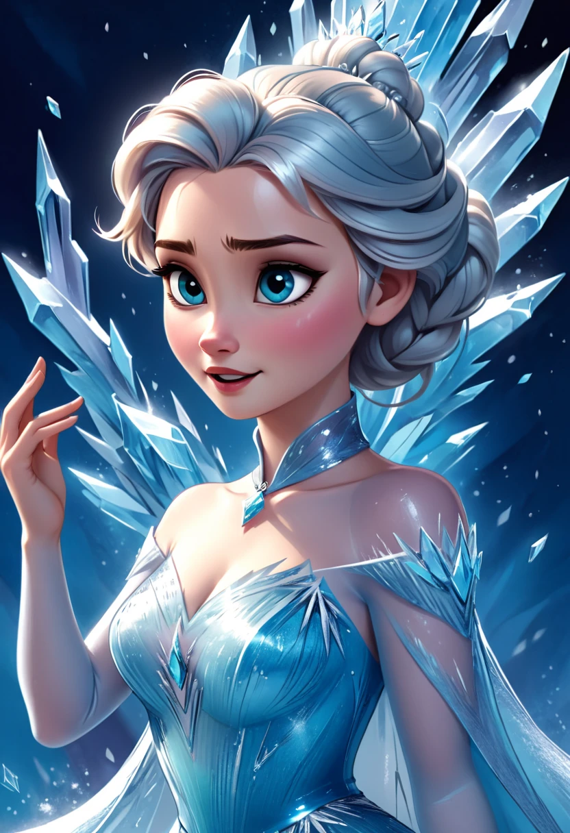 Digital painting of Elsa from Frozen singing 'Let It Go' in her ice palace, with her hands raised and magical ice crystals forming around her, dressed in her shimmering ice-blue gown, with a powerful and emotional expression, cinematic composition, trending on ArtStation.