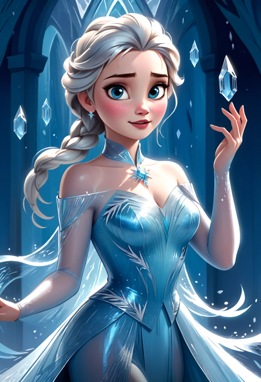 Digital painting of Elsa from Frozen singing 'Let It Go' in her ice palace, with her hands raised and magical ice crystals forming around her, dressed in her shimmering ice-blue gown, with a powerful and emotional expression, cinematic composition, trending on ArtStation.