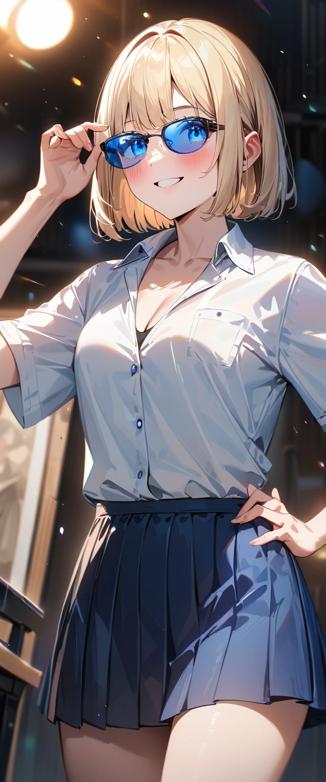 (((One girl))), blond hair, bob cut, (cowboy shot), (looking at viewer), breasts, teenager, head tilt:1.3, (((blue eye))), ((happy smile)), ((full face blush)), school summer uniform, white shirts, black tie, black skirt, cleavage, anime style, (best quality, 4k, 8k, highres, masterpiece:1.2, ultra-detailed, ultra-detailed eyes, HDR, UHD, studio lighting, ultra-fine painting, sharp focus, physically-based rendering, extreme detail description, professional, vivid colors, bokeh)