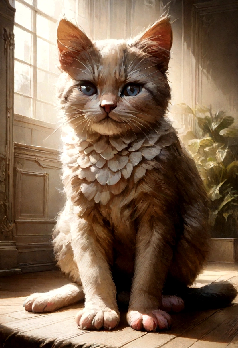 (best quality,4k,8k,highres,masterpiece:1.2),ultra-detailed,(realistic,photorealistic,photo-realistic:1.37),a cute little kitten trembling slightly,soft fur texture,delicate paw pads,expressive eyes,adorable twitching whiskers,hint of vulnerability,gently flickering tail,playful stance,artistic cat illustration,subtle color palette,natural lighting