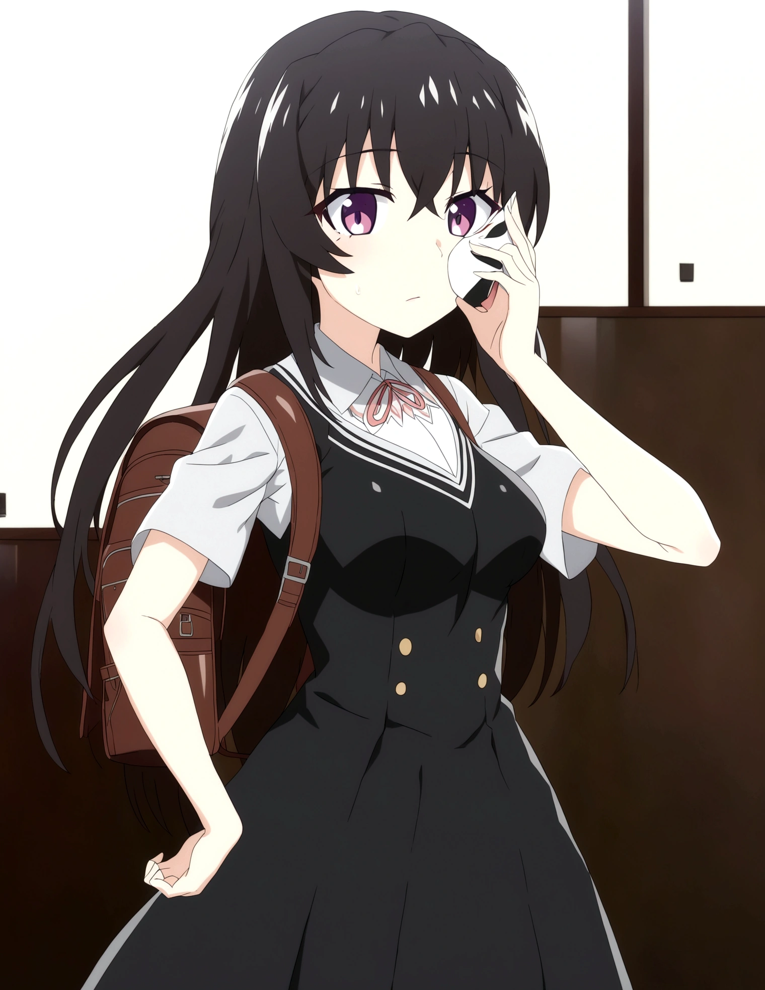 anime girl with a backpack and a mask on her face, anime moe artstyle, cute anime waifu in a nice dress, purple eyes, anime visual of a cute girl, beautiful anime high school girl, anime girl with long hair, high quality anime artstyle, from girls frontline, anime style 4 k, mature anime girl, anime girl wearing a black dress, kantai collection style,black shiny hair, taking off the mask