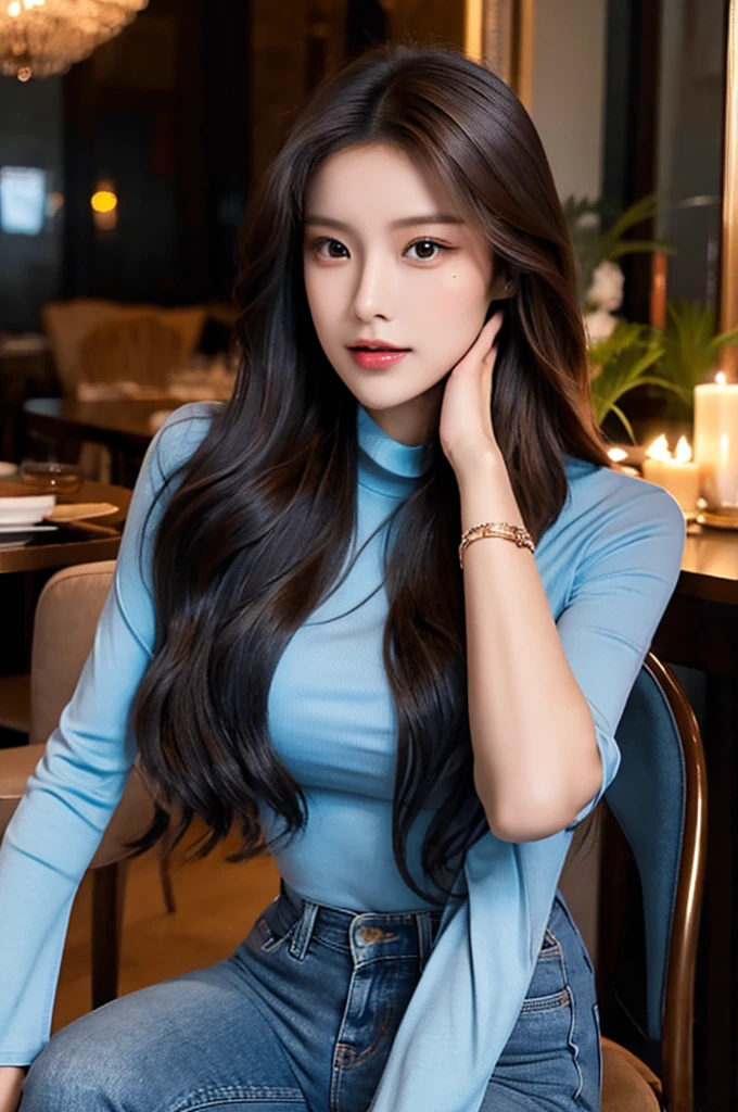 Generate an image of a breathtaking 20-year-old Asian woman whose beauty is comparable to a goddess of the fire element. She has large brown eyes, dark brown hair, radiant skin, and an appealing look. Dressed in a stunning top and blue skinny jeans, she is seated elegantly at a romantic dining table. The ambiance is intimate with soft lighting, candles, and a beautifully set table.