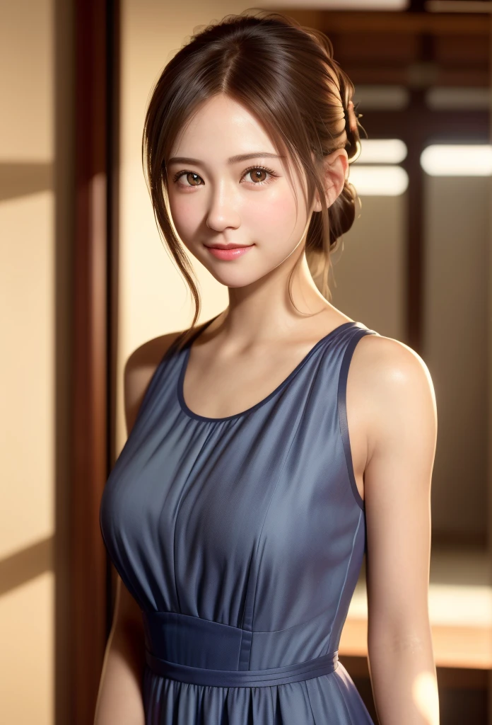 8K, of the highest quality, masutepiece:1.2), (Realistic, Photorealsitic:1.37), of the highest quality, masutepiece, Beautiful young woman, Pensive expression, kindly smile, Cute dress, Hair tied back, Messy mood, Cinematic background, Light skin tone