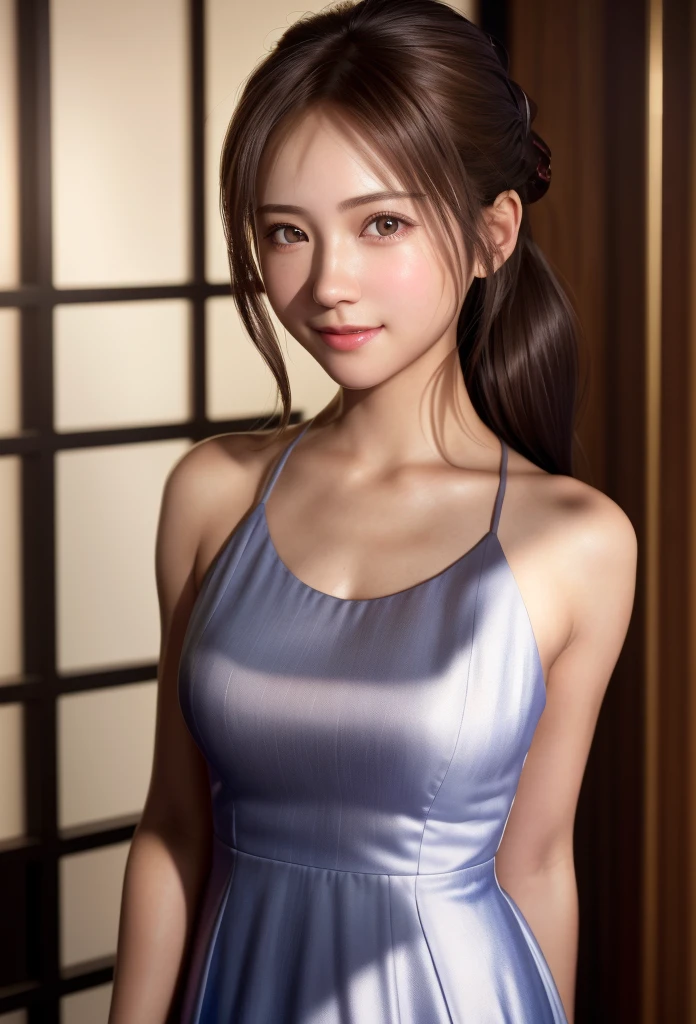 8K, of the highest quality, masutepiece:1.2), (Realistic, Photorealsitic:1.37), of the highest quality, masutepiece, Beautiful young woman, Pensive expression, kindly smile, Cute dress, Hair tied back, Messy mood, Cinematic background, Light skin tone