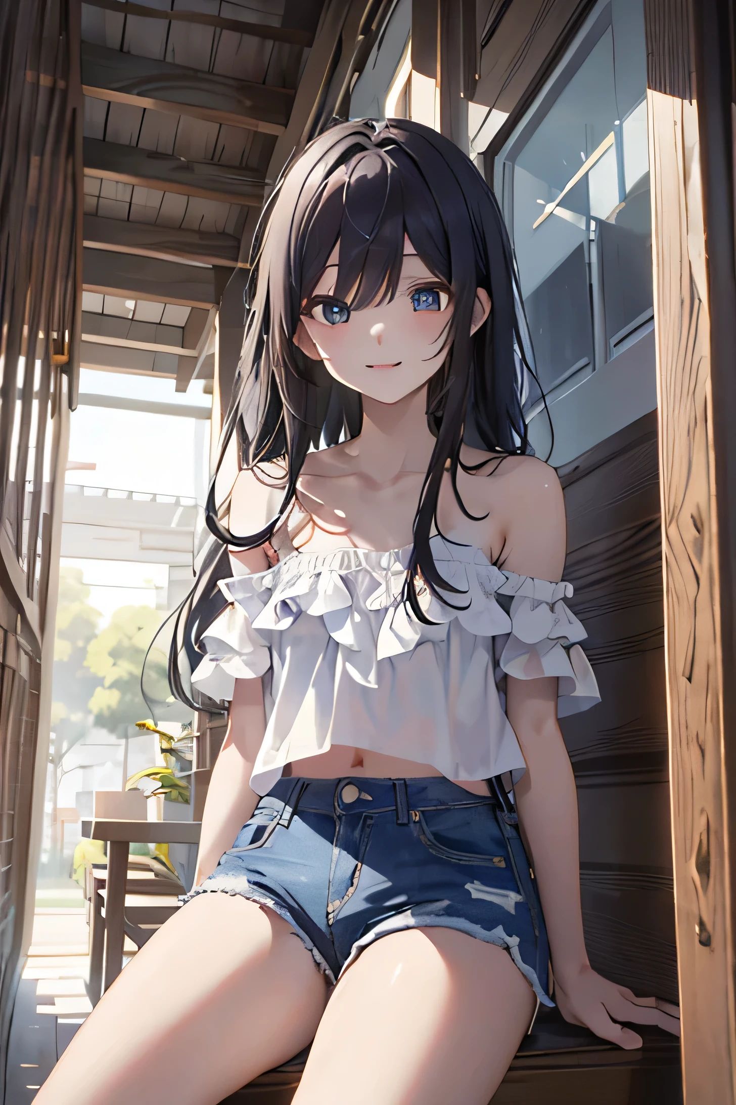 Best masterpiece, anime coloring, ultra-detail, 8k、((Sitting on the open corridor))、summer, morning, sun、White off-shoulder jeans with shorts、from below、looking down、smile、