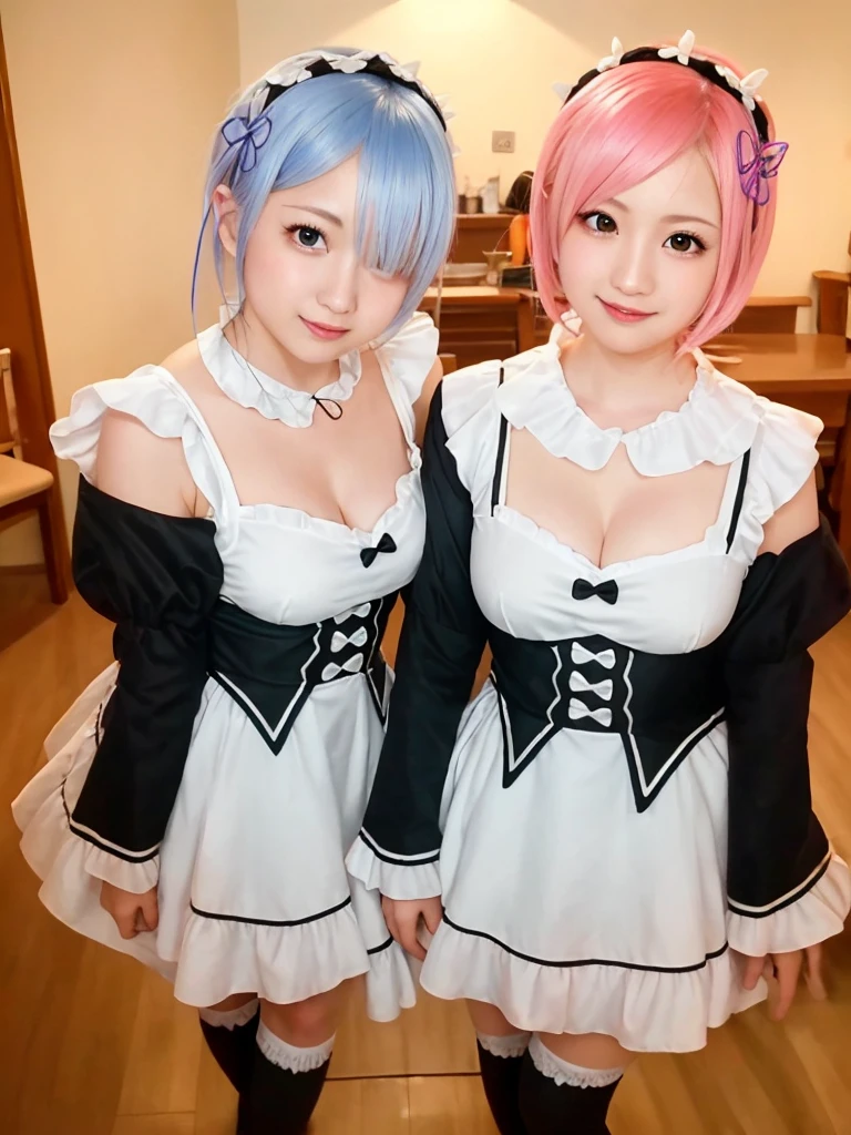 Accurate depiction with high resolution,(8K, Photorealistic, Raw photo, of the highest quality: 1.3), (1girl in), Super beautiful, (Realistic face), (boyish, pink Color Berry Shorthair), Beautiful , Glare that captivates the viewer, Beautiful expression, Beautiful breasts, (Realistic skin), Be...Create a detailed and colorful image of Ram and Rem from Re:Zero, standing back-to-back in their maid outfits, with a magical fantasy background、14years old, two girls,cute, perfect face, beautiful, nice body, gothic lolita clothes, gothic lolita fashion, frilly skirt, headdress, necklace, bracelet, knee-high socks, boots, double eyelids, tear bags, Detailed down to the fingers, photo-like description, indoors, dim indoor lighting, one girl is pink hair and short bob, another girl is light blue hair and short bob,standing,whole body, composition that shows the whole body, smiling,The Both of them are wearing the same type of maid outfit,Optimal ratio of 4 fingers and 1 thumb,walking