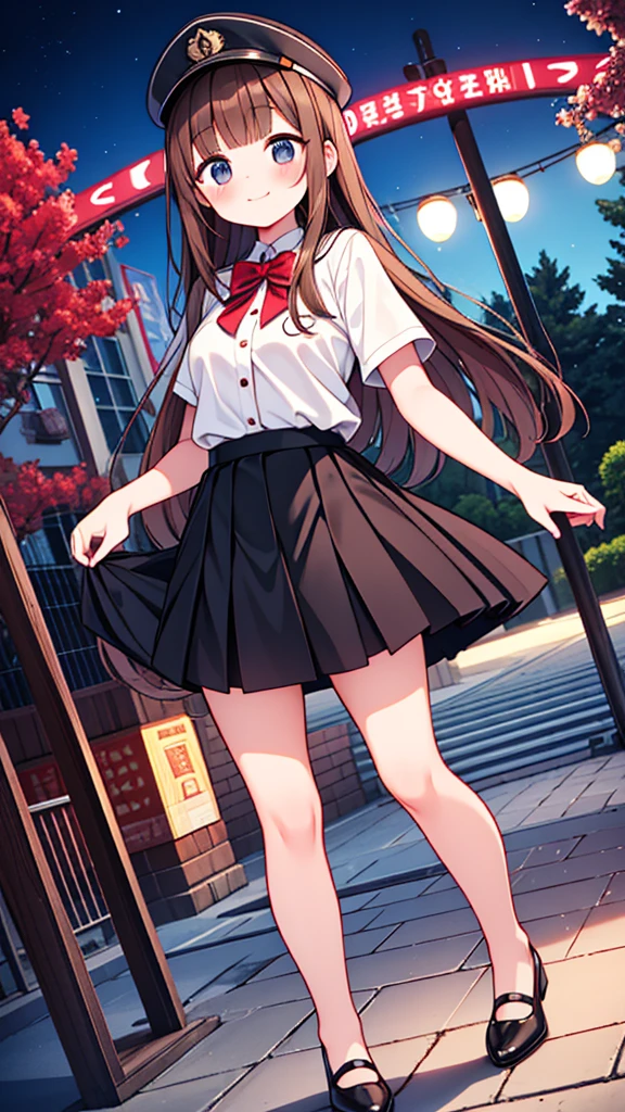 {Highest quality}, {Super beautiful},{Ultra fine},{Best illustration},Brown Hair,Hime cut,semi-long,Bangs,Standing Woman,Uniform cap,White Shirt,Short sleeve,Long black skirt,Night Park,Embarrassed,smilingly,Blushing,Slender women, A woman wearing plain black pumps,Bare feet and pumps,From an angle