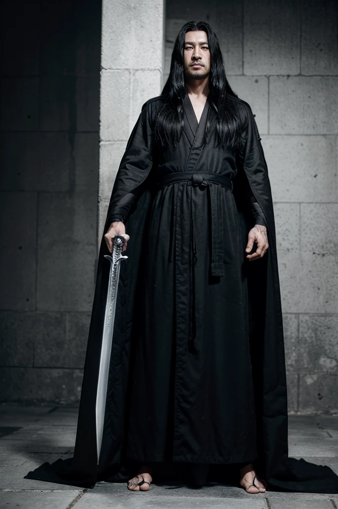 arafed man (hiko seijuro) in a black and white robe holding a sword, anime cosplay, flowing hair and long robes, (hiko seijuro) as a super villain, beautiful male god of death, with cape, full body wuxia, with a long black cape