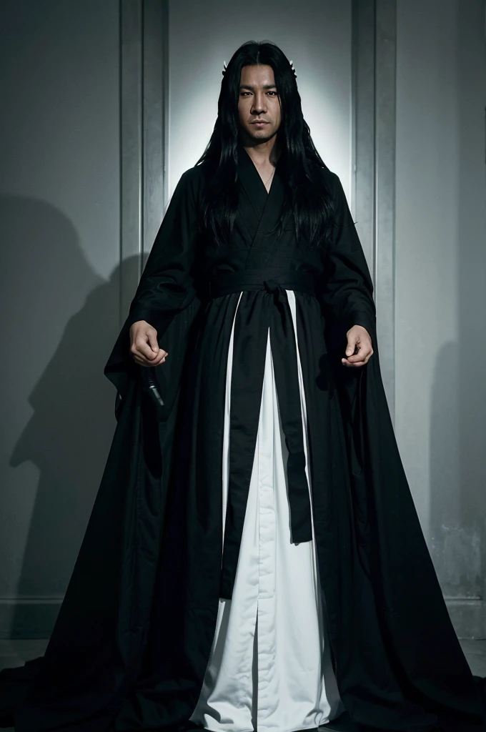 arafed man (hiko seijuro) in a black and white robe holding a sword, anime cosplay, flowing hair and long robes, (hiko seijuro) as a super villain, beautiful male god of death, with cape, full body wuxia, with a long black cape