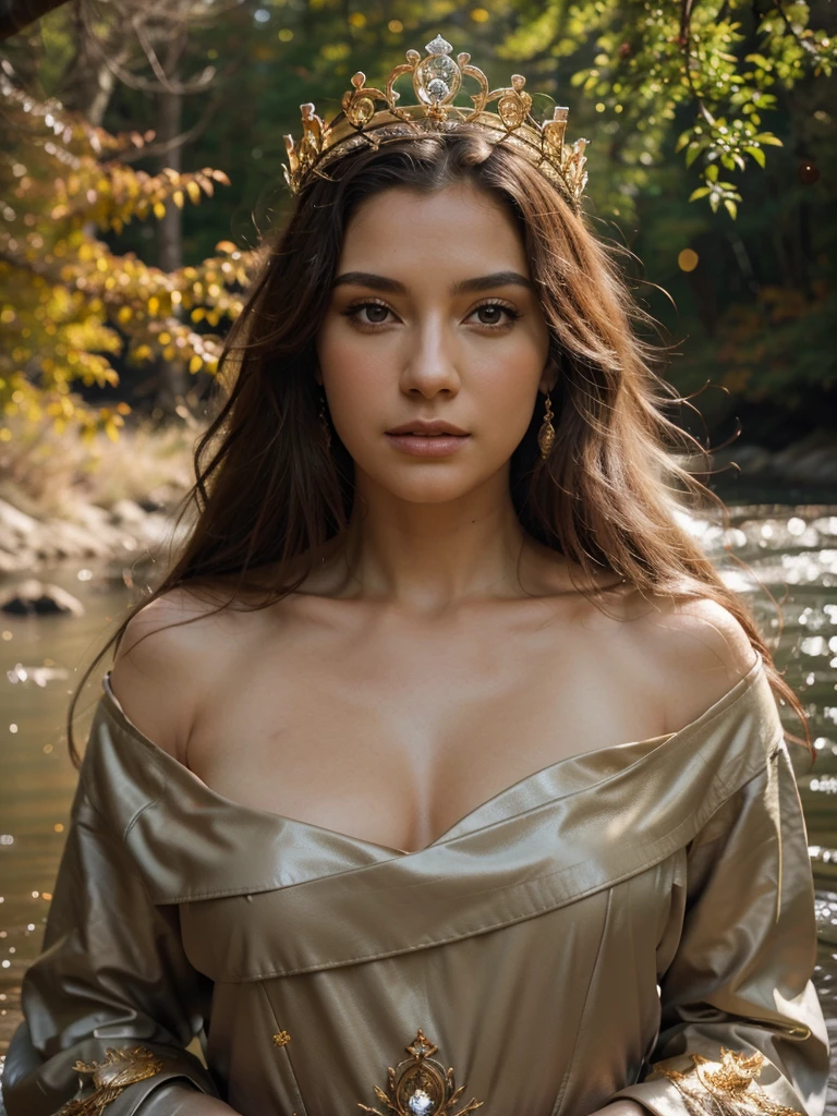 Masterpiece, a beautiful queen, crowned with gold and diamonds stands in the forest in autumn, accompanied by a big white wolf, on the edge of a clear and very beautiful river, faded colors, high definition with 4k resolution, sharp focus, with highly detailed facial features and realistic visual style, High detail face, high detailed leather, High resolution, photorealistic, cinematic lighting, depth of field, bokeh