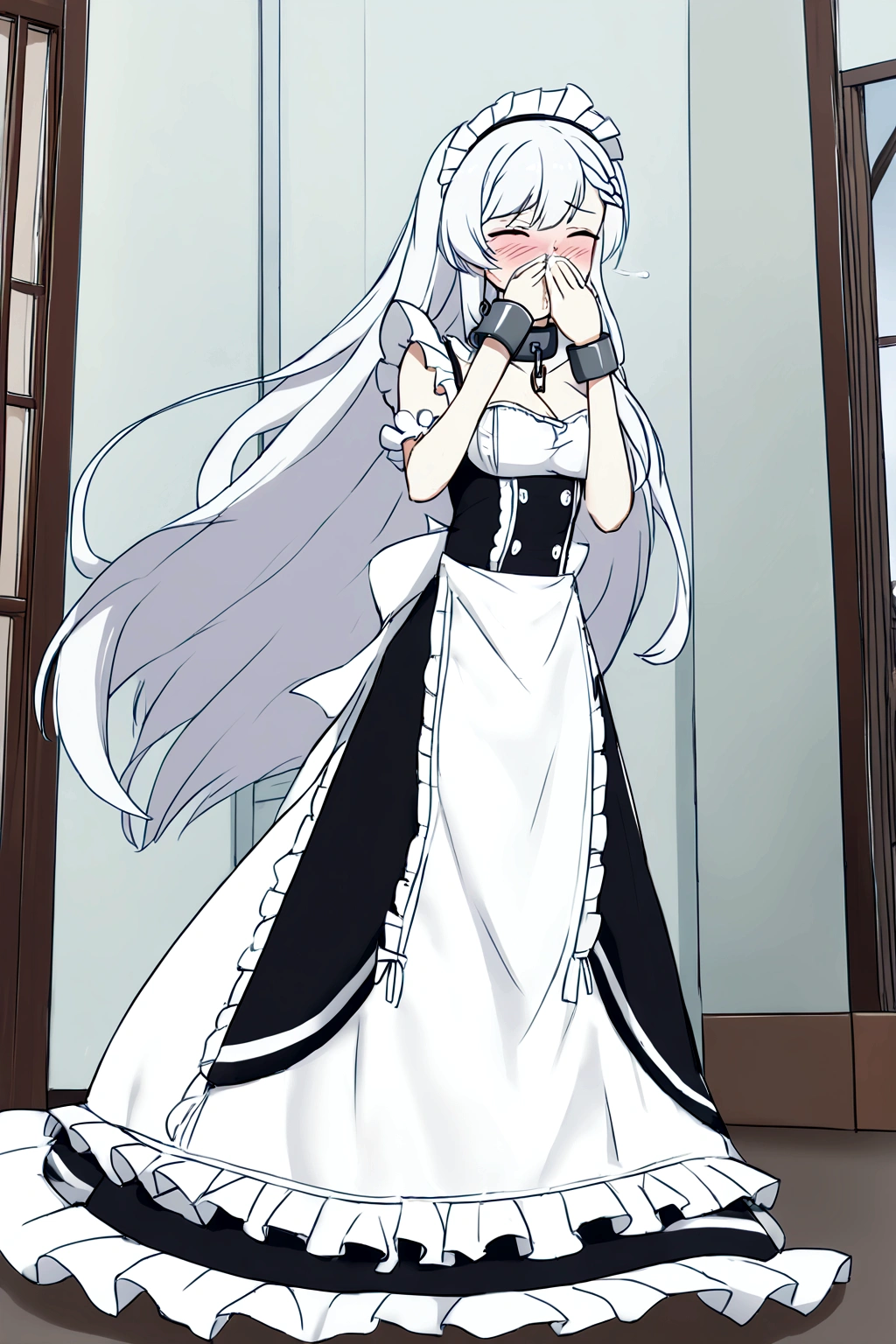 Anime. Azur Lane. 1 girl. Belfast. Housemaid. Slave. Slave collar. Shackles. Maid uniform. Cold. Runny nose. Nasal mucus. Snot. Sneezing. Heat. Heat. Fever. Sneeze. Sneeze standing. Sneeze snot. Snot flows from the nose. Itchy nose. Wants to fix it. I have to sneeze. She sneezed. Snot flew out of her nose. Snot flows from her nose after sneezing. Embarrassment. Blush. Handkerchief. He sneezes, covering his nose with his hand. Blows his nose. Clumsy. Virgin. Period. Standing. Full height. Full body. NSFW. Sneeze fetish. Ultra detail. 8k. Wax permit. Excellent quality.