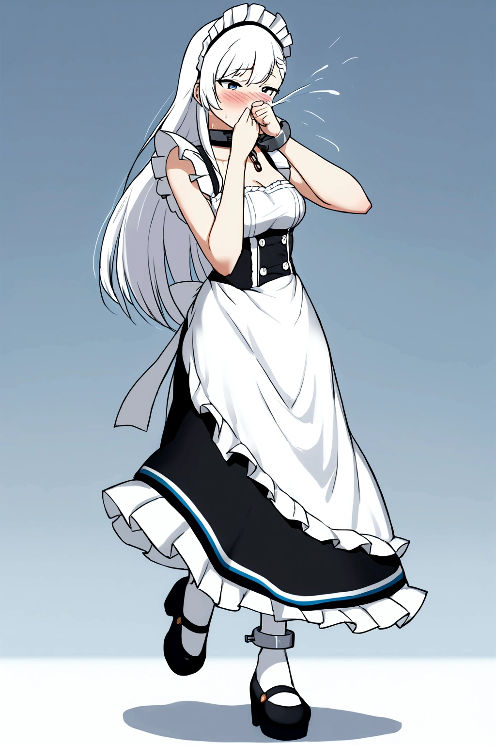 Anime. Azur Lane. 1 girl. Belfast. Housemaid. Slave. Slave collar. Shackles. Maid uniform. Cold. Runny nose. Nasal mucus. Snot. Sneezing. Heat. Heat. Fever. Sneeze. Sneeze standing. Sneeze snot. Snot flows from the nose. Itchy nose. Wants to fix it. I have to sneeze. She sneezed. Snot flew out of her nose. Snot flows from her nose after sneezing. Embarrassment. Blush. Handkerchief. He sneezes, covering his nose with his hand. Blows his nose. Clumsy. Virgin. Period. Standing. Full height. Full body. NSFW. Sneeze fetish. Ultra detail. 8k. Wax permit. Excellent quality.