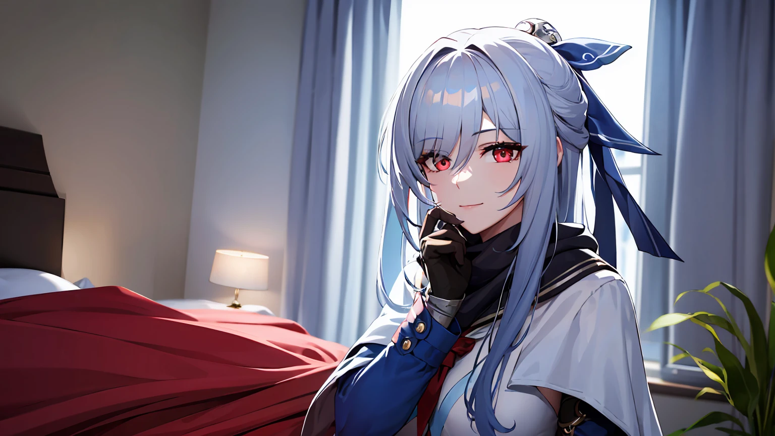masterpiece, best quality, JingliuV5, 1girl, solo, looking at viewer, red eyes, gloves, dress, white scarf, scarf on neck, sailor collar, white cape, sitting on bed, indoors, bedroom, windows, blue sky, warm smile, upper body. closed mouth,