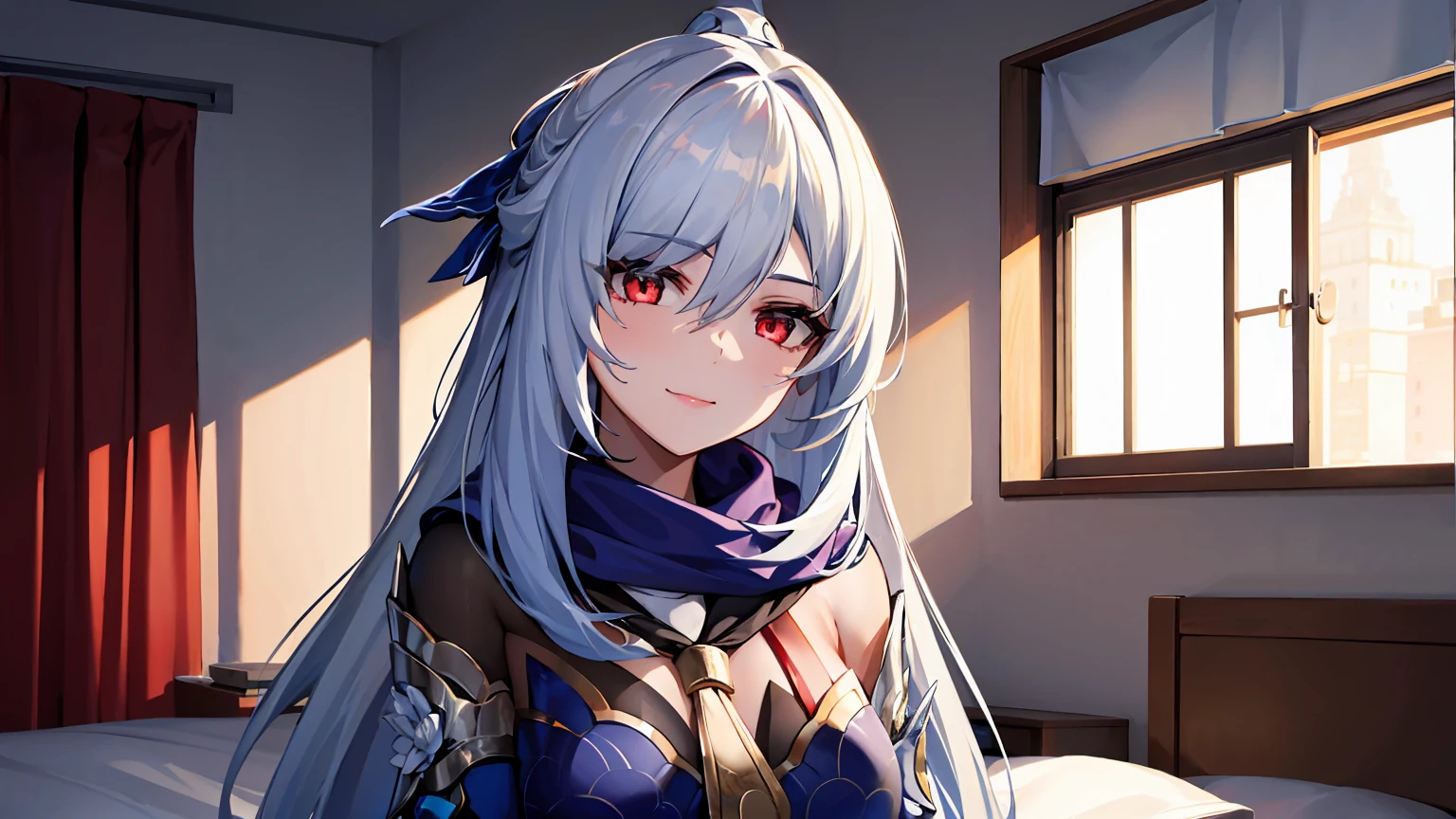 masterpiece, best quality, JingliuV5, 1girl, solo, looking at viewer, red eyes, gloves, dress, white scarf, scarf on neck, sailor collar, white cape, sitting on bed, indoors, bedroom, windows, blue sky, warm smile, upper body. closed mouth,