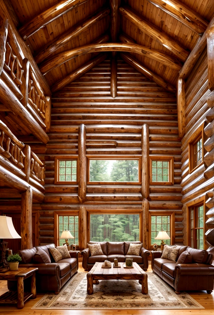 Sofa, large windows, high ceilings、 log house style　Interior　tv set、 Flooring,table