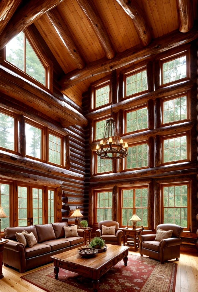 Sofa, large windows, high ceilings、 log house style　Interior　tv set、 Flooring,table