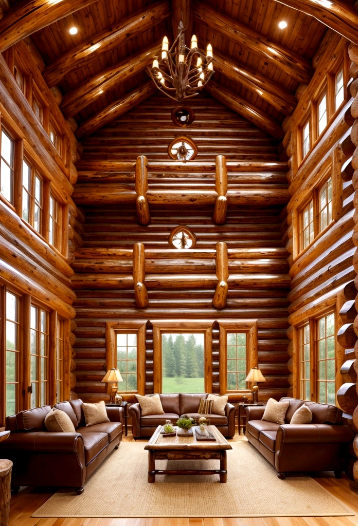 Sofa, large windows, high ceilings、 log house style Interior tv set、 Flooring,table