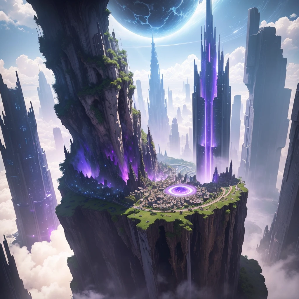 A huge fantastical sci-fi city, aether city, floating aerial metropolis,Skyscrapers、Huge construction,Super huge waterfall,mysterious,Fantasy, towering skyscrapers, massive waterfall, celestial planets in the sky, surrounded by clouds, cosmic architecture, violet energy scars around, central massive castle, astral sky