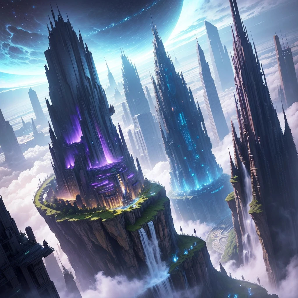 A huge fantastical sci-fi city, aether city, floating aerial metropolis,Skyscrapers、Huge construction，Super huge waterfall，mysterious，Fantasy， towering skyscrapers, massive waterfall, celestial planets in the sky, surrounded by clouds, cosmic architecture, violet energy scars around, central massive castle, astral sky