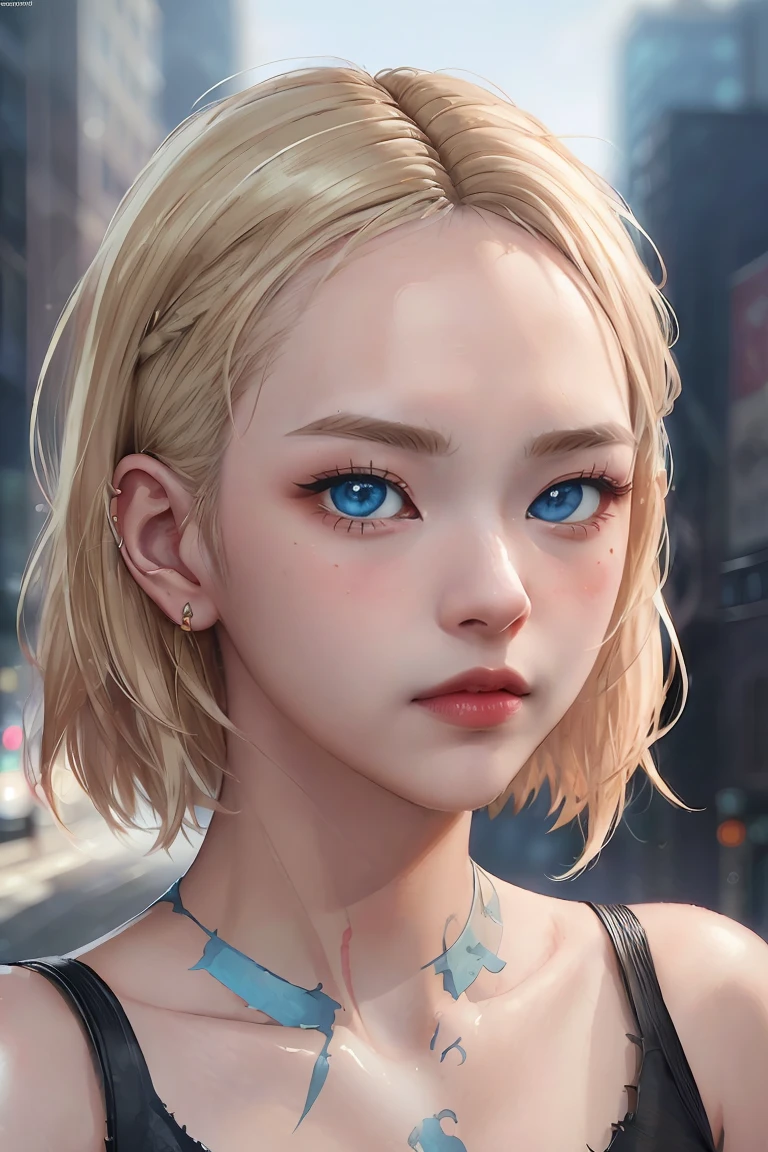 ((masterpiece)), (cinematic lighting), a close-up, beautiful stylized illustration of gwen_stacy, with a sidecut, asymetrical blonde hair, with incredibly detailed blue eyes and a beautiful detailed face, with parted lips, the side of her head shaved, bare shoulders, casual in the city, looking away, by jeremy mann, by sandra chevrier, by dave mckean and richard avedon and maciej kuciara, high detailed, 8k,  samdoesart style