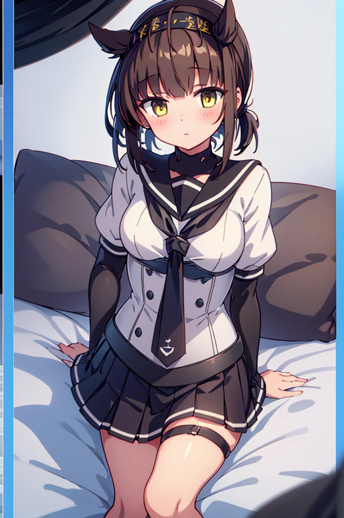 hatsuzuki_kantaicollection, short_hair, hair_flaps, headband, brown_hair, hairband, bodysuit, serafuku, hachimaki, blush, yellow_eyes, black_hair, brown_eyes, black_skirt, neckerchief, pleated_skirt, school_uniform, short_sleeves, skirt, black_gloves, corset, sailor_collar, legs, heart,Personage as the main perspective, hatsuzuki_kantaicollection