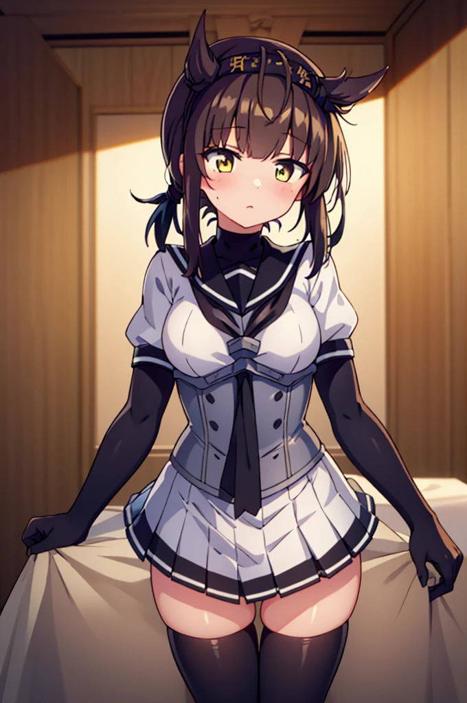 hatsuzuki_kantaicollection, short_hair, hair_flaps, headband, brown_hair, hairband, bodysuit, serafuku, hachimaki, blush, yellow_eyes, black_hair, brown_eyes, black_skirt, neckerchief, pleated_skirt, school_uniform, short_sleeves, skirt, black_gloves, corset, sailor_collar, legs, heart,Personage as the main perspective, hatsuzuki_kantaicollection
