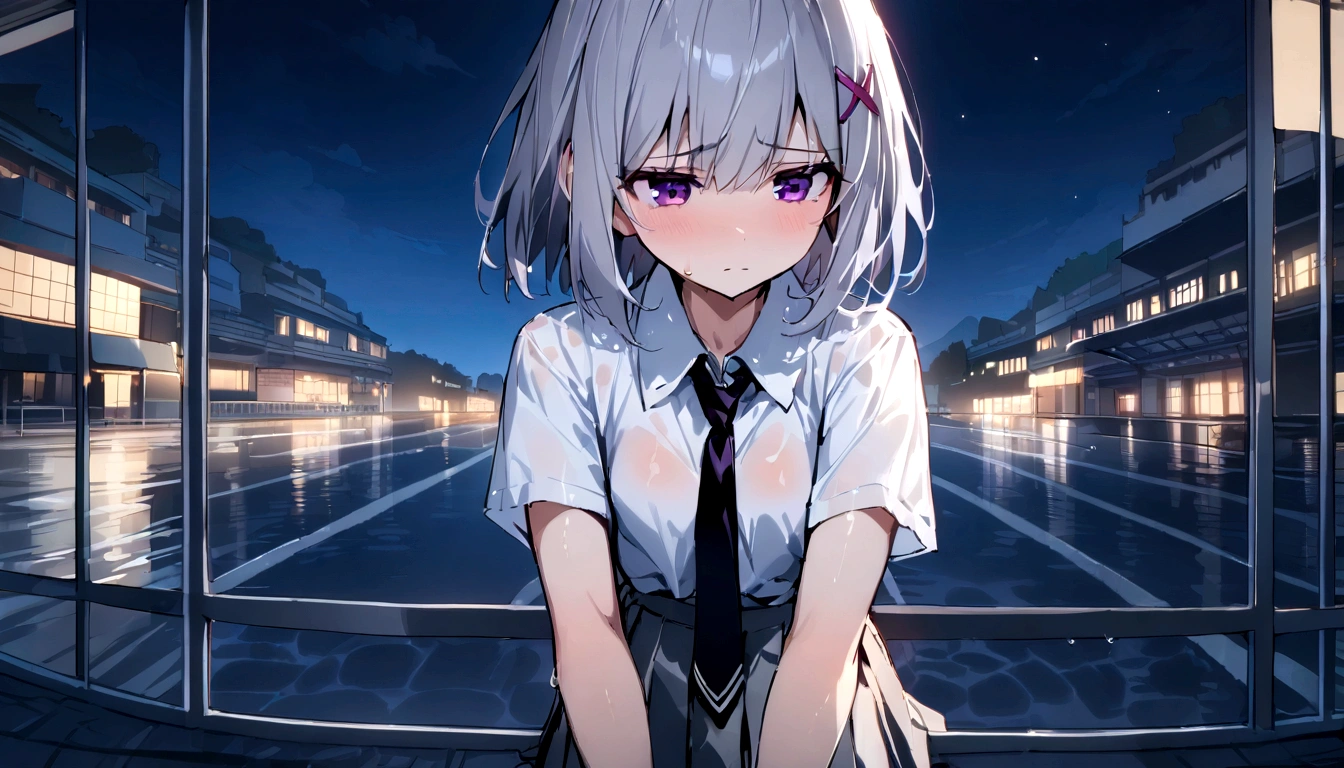 short hair, (Gray Hair:1.2), X Hair Ornament, Purple eyes,tie, girl,One person, Collared shirt, White shirt, Short sleeve, Pleated skirt, student, Highest quality, masterpiece, High resolution, summer,night、the way、City、Sadness、