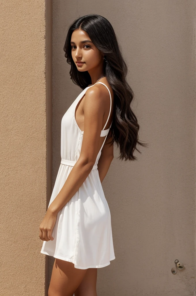 She has long hair black eyes flat nose tanned skin were dress