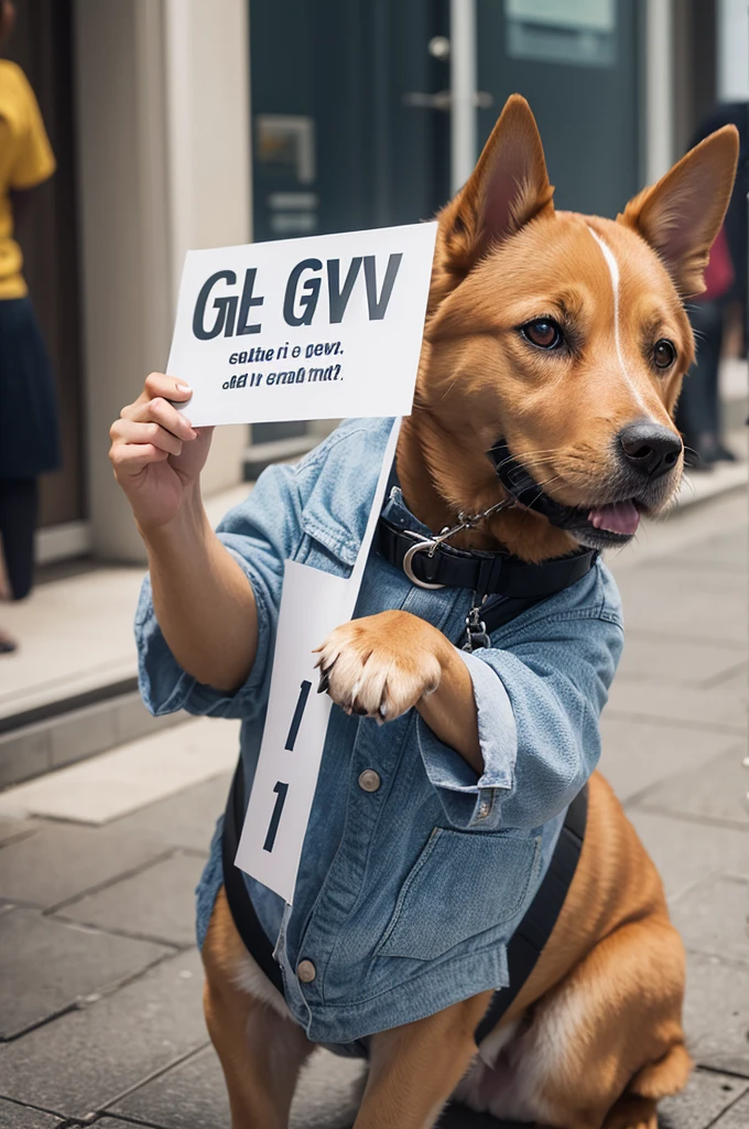 a dog holding a sign saying give me a pix