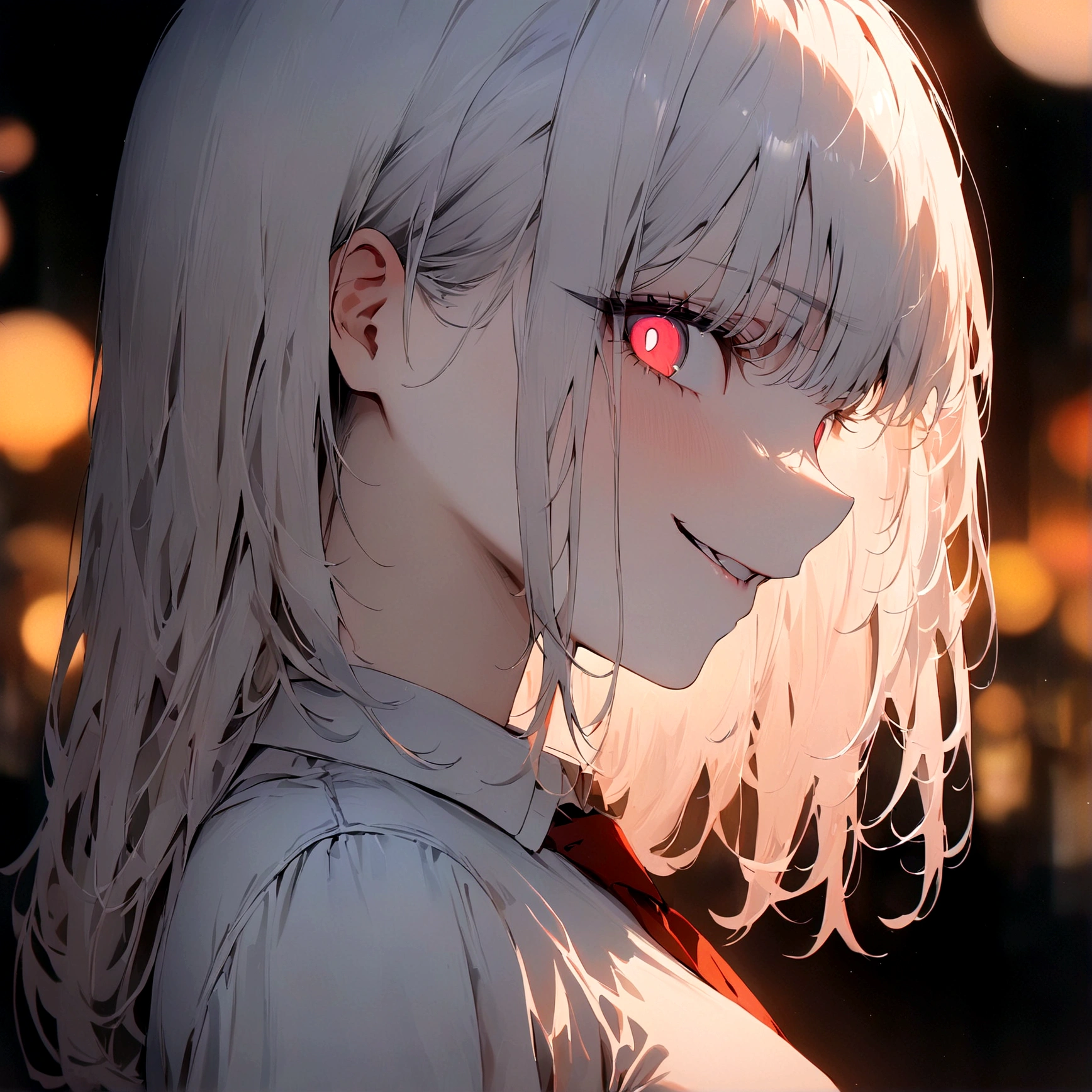 (Masterpiece:1.2, Best Quality), 1 woman, profile, looking towards the viewer, White shirt red tie, medium breasts, Casual, long white hair, minimal makeup, , pale,Natural fabrics, closeup face, evil smile, bright eyes circular pupils,8K high resolution, detailed lines,blurred background,