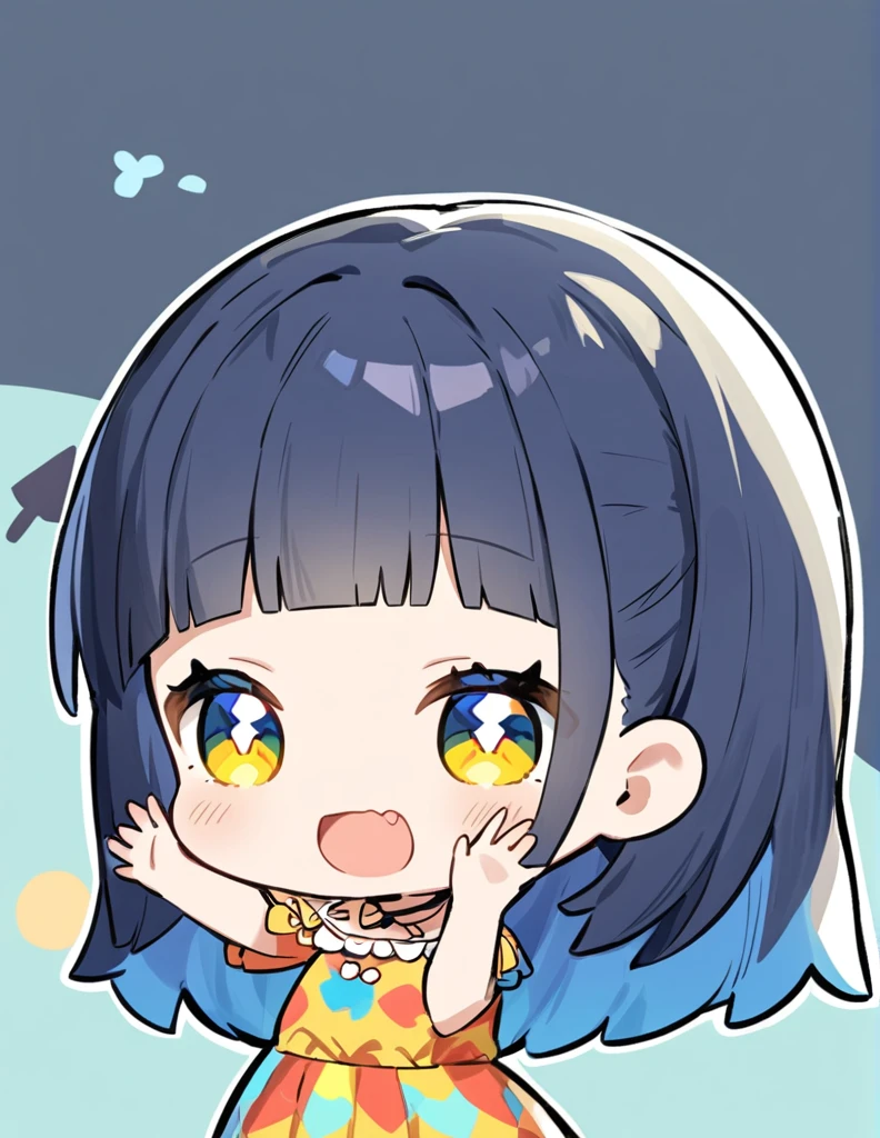A cute chibi-style girl with blue hair. She has large, expressive eyes and a small, round body. The blue-haired girl is wearing a colorful outfit and has a cheerful expression on her face. The background is simple and light to highlight the character.