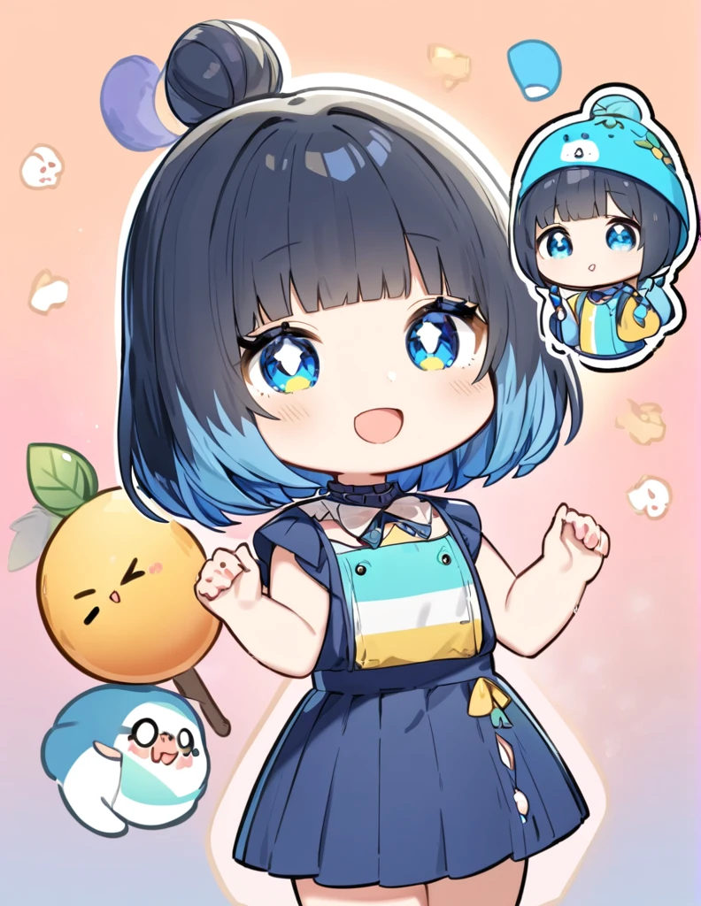 A cute chibi-style girl with blue hair. She has large, expressive eyes and a small, round body. The blue-haired girl is wearing a colorful outfit and has a cheerful expression on her face. The background is simple and light to highlight the character.