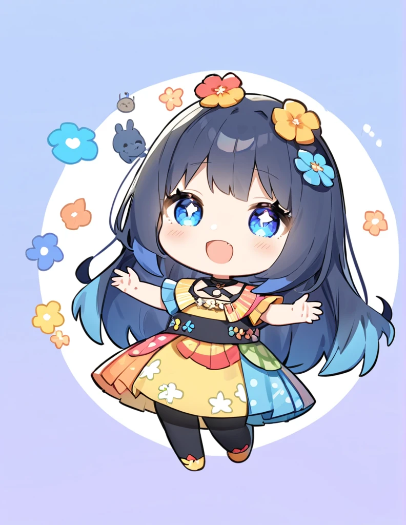 A cute chibi-style girl with blue hair. She has large, expressive eyes and a small, round body. The blue-haired girl is wearing a colorful outfit and has a cheerful expression on her face. The background is simple and light to highlight the character.
