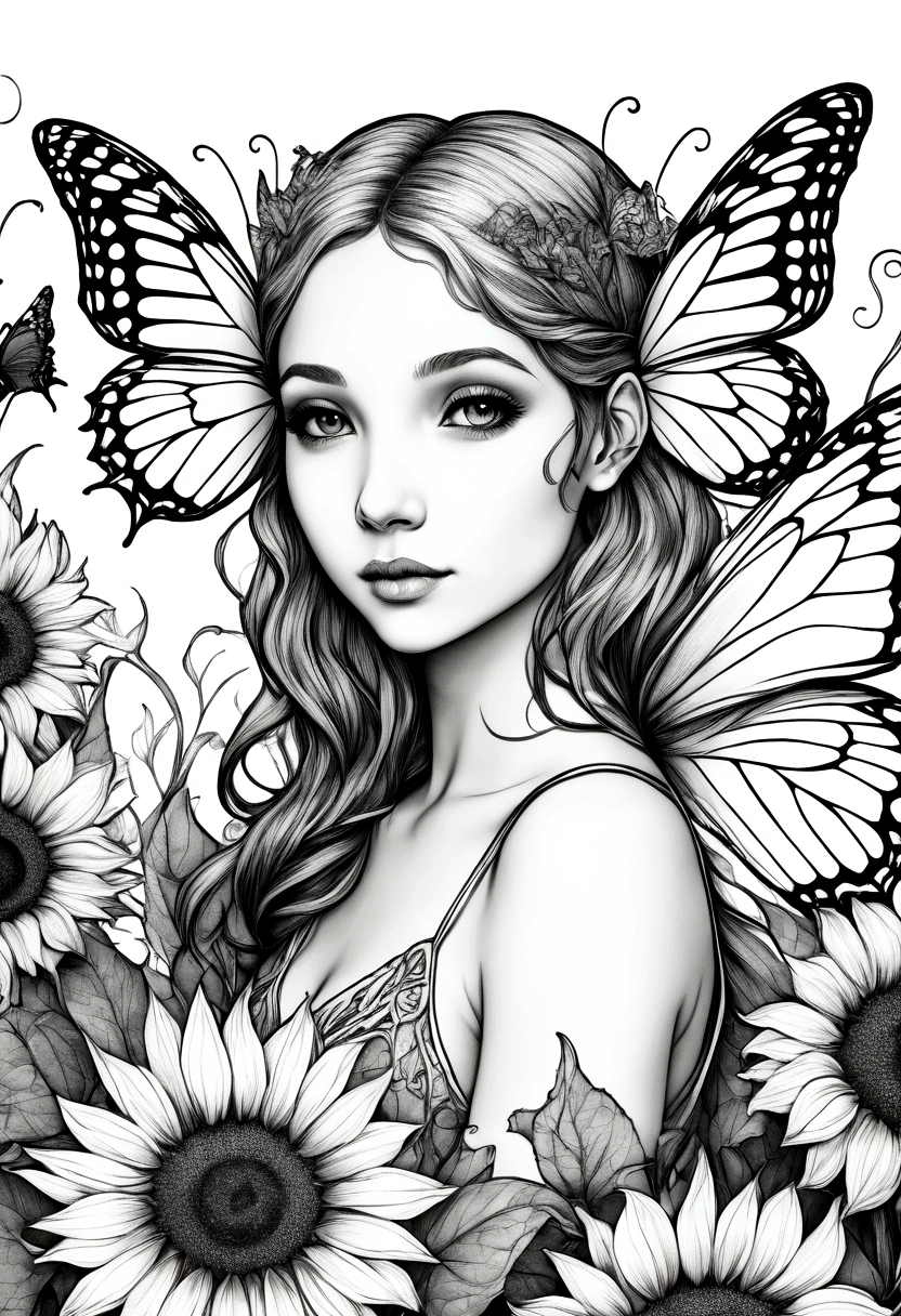 A delicate fairy with butterfly wings resting on a giant sunflower, clean line art, white background, colouring page, clean outline,