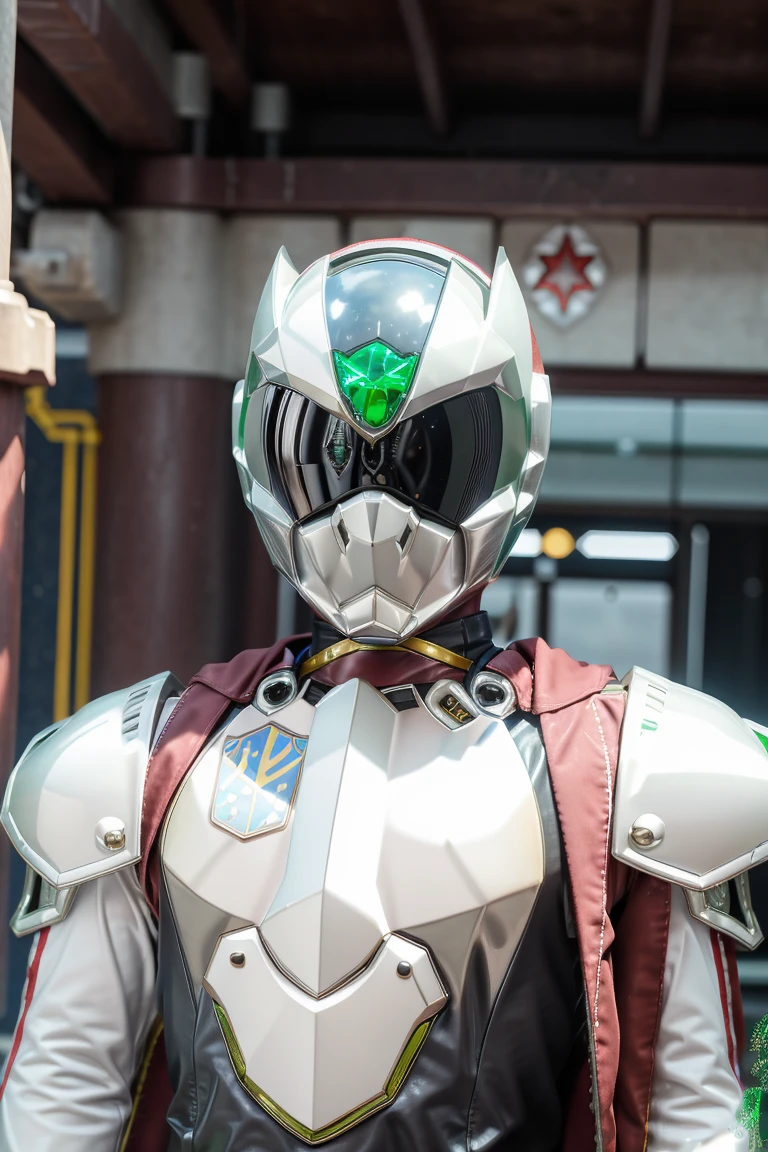 solo, armor, tokusatsu, bodysuit, helmet, rider belt, white armor, green eyes, black bodysuit, black trim, henshin pose