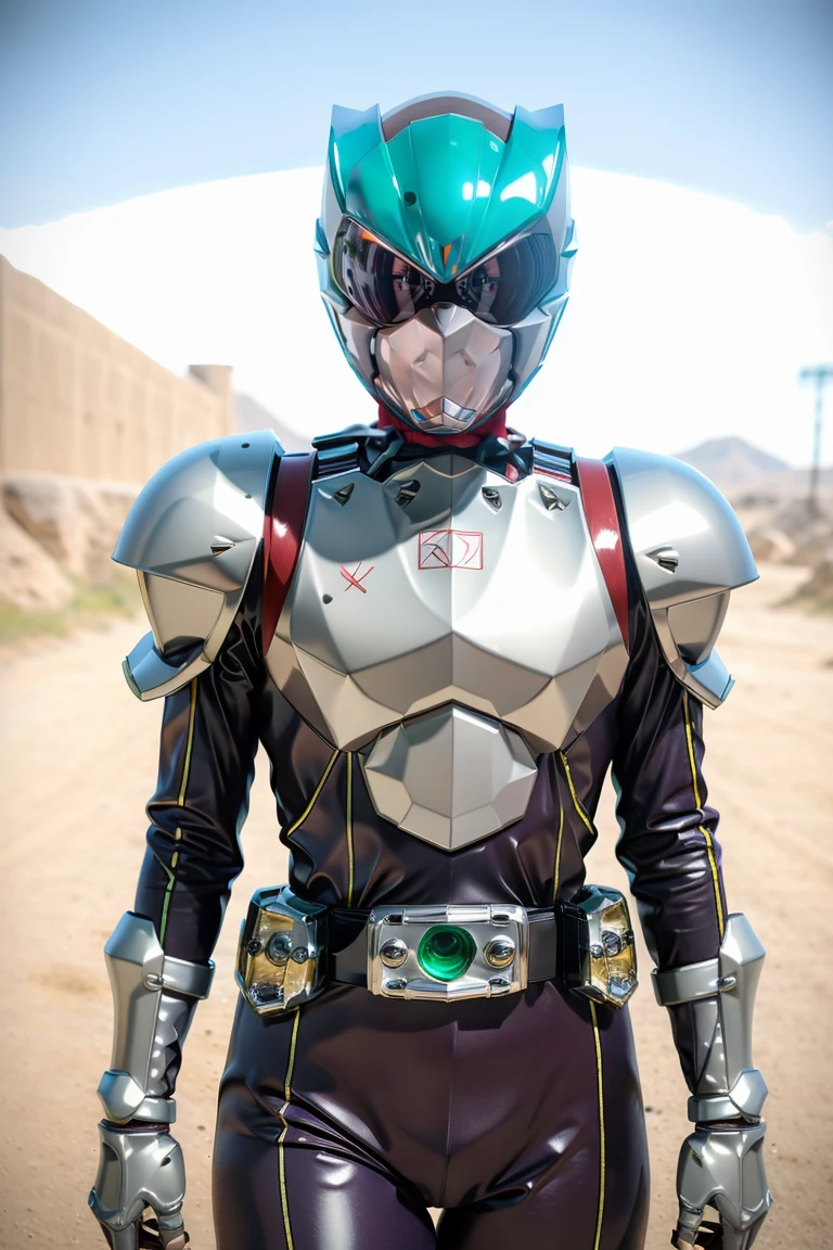solo, armor, tokusatsu, bodysuit, helmet, rider belt, white armor, green eyes, black bodysuit, black trim, henshin pose