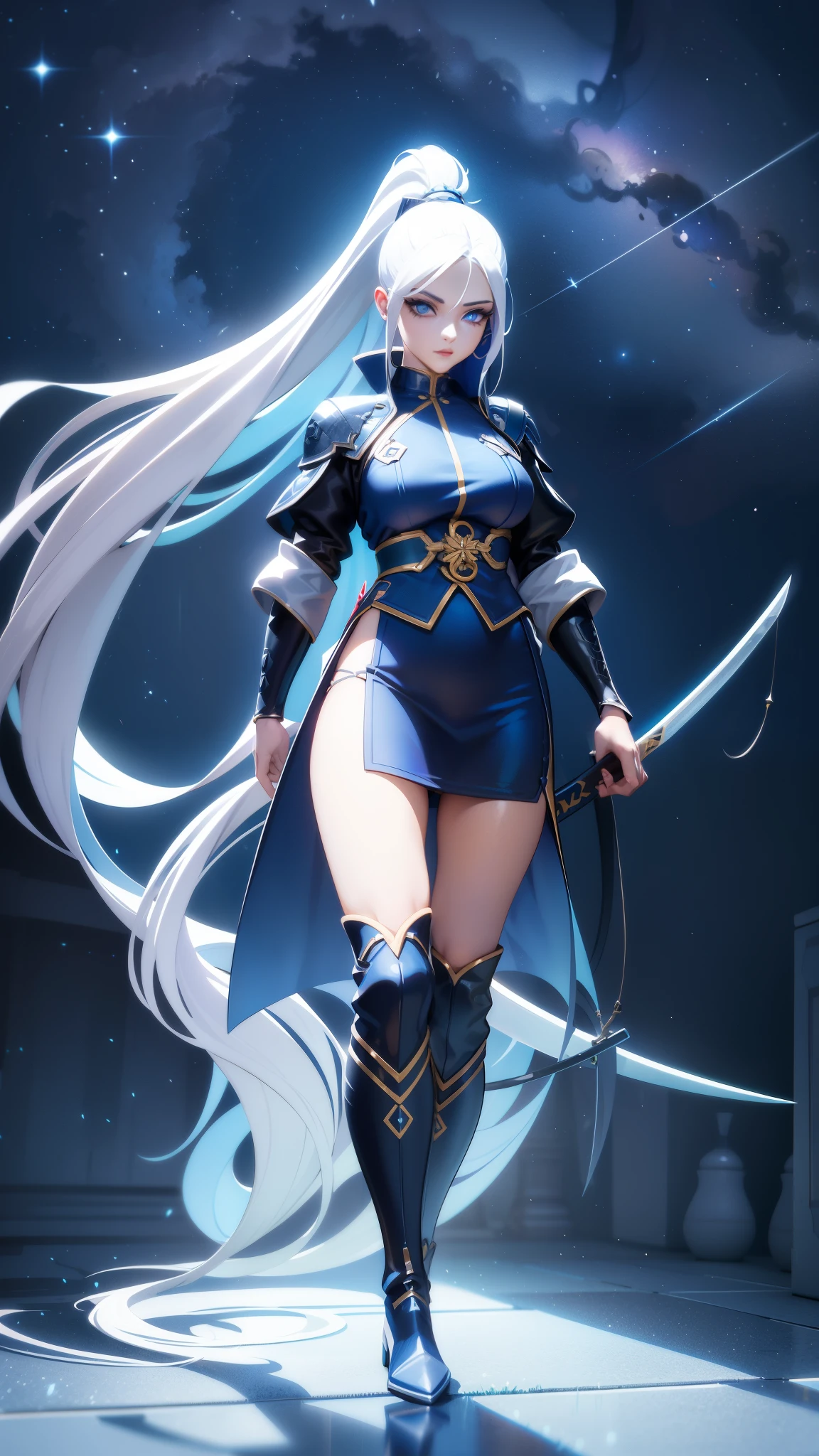 1 girl, ultra long hair, ultra detailed face, glowing lips, glowing blue eyes, very long ponytail, elegant walk, catwalk, holding down a  giant katana, blonde, long eyelashes, long boots , looking to the sky, starry sky, a ultra giant katana, 3d render style, white hair